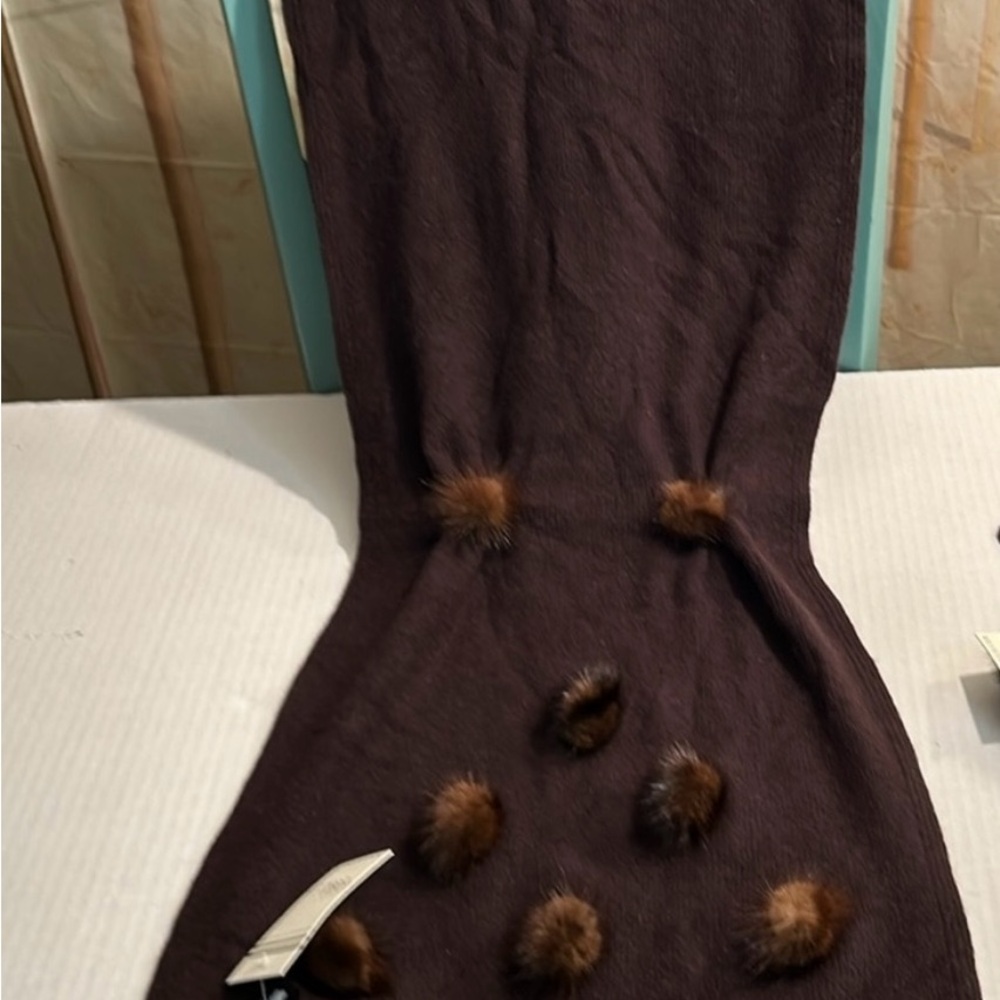 Brown Angora wool scarf with attached mink balls  on each end.